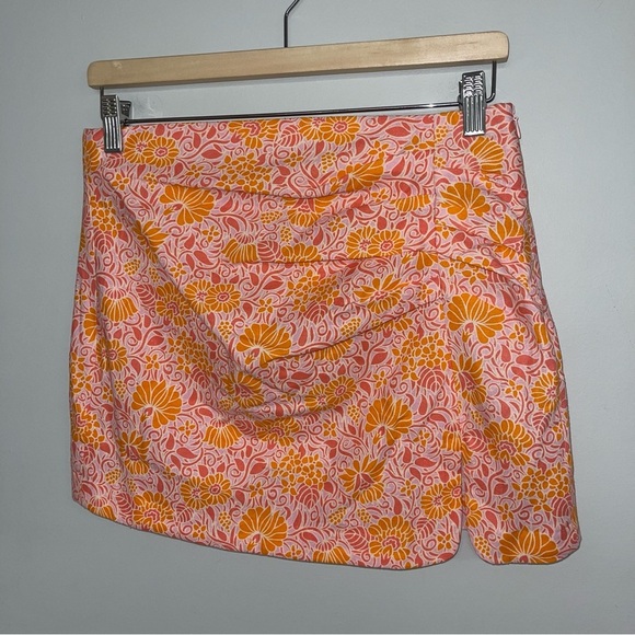 Zara Mini Skirt Women’s Size Medium Pink Orange Floral Linen High Waist Boho NWT - Picture 4 of 14